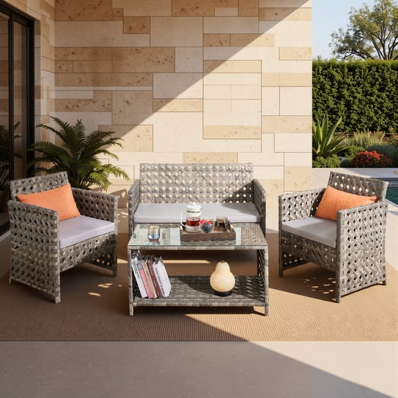 XIZZI 4-Piece Rattan Outdoor Conversation Set Loveseat Sofa with Cushions,Grey
