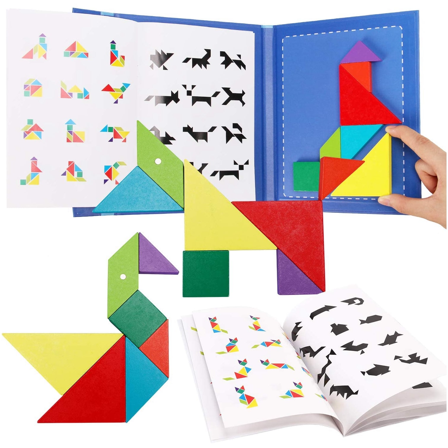 Wooden Travel Tangram Puzzle for Kids, Pattern Block Book Road Trip IQ Educational