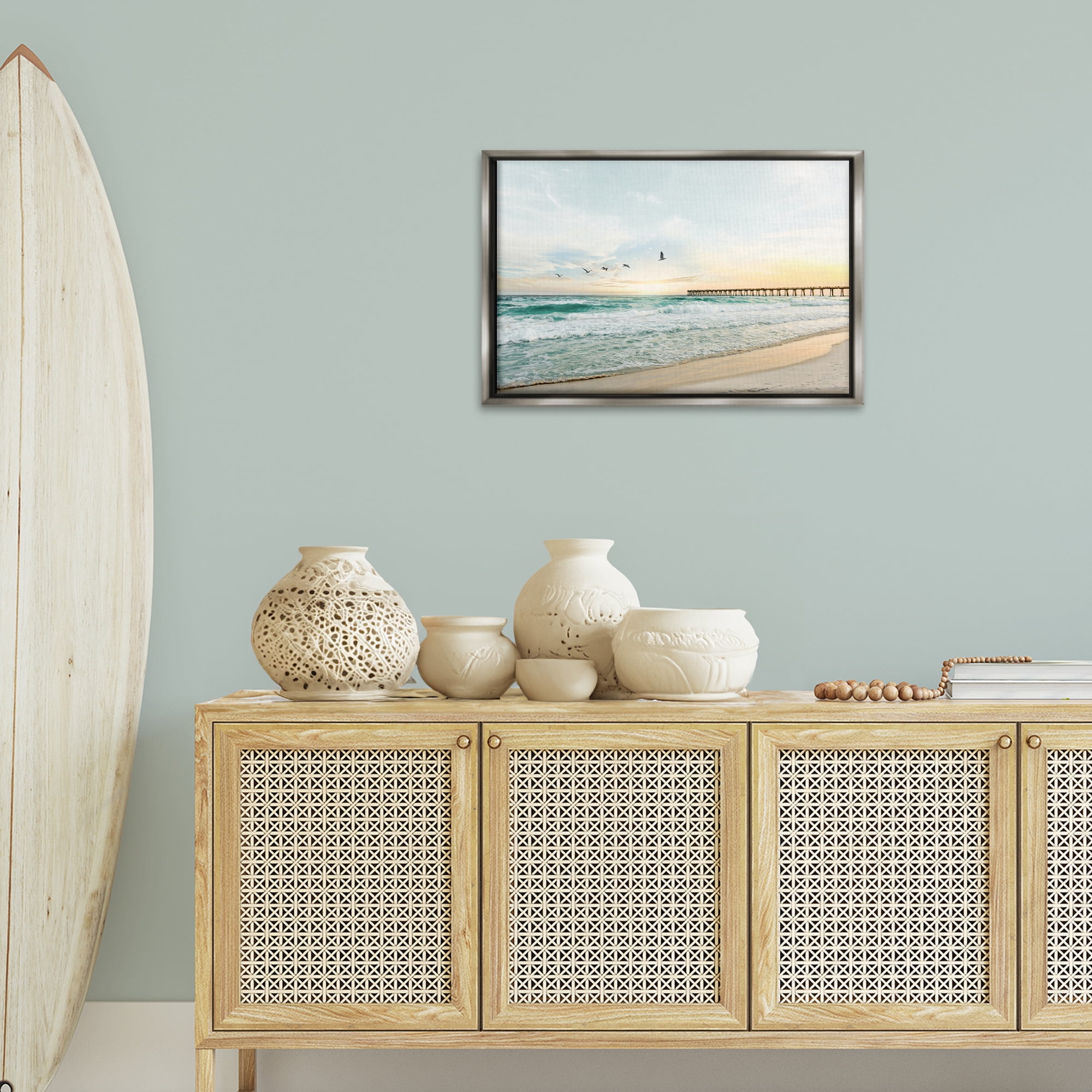 Stupell Industries Birds at Beach Pier Landscape & Nature Photography Gray Floater Framed Canvas Art Print Wall Art, 25 x 17