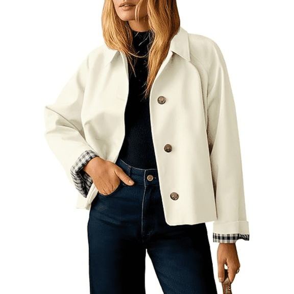 Women's Casual Oversized Short Trench Coat Plaid Lining Cropped Jacket Fall Windbreaker Outerwear
