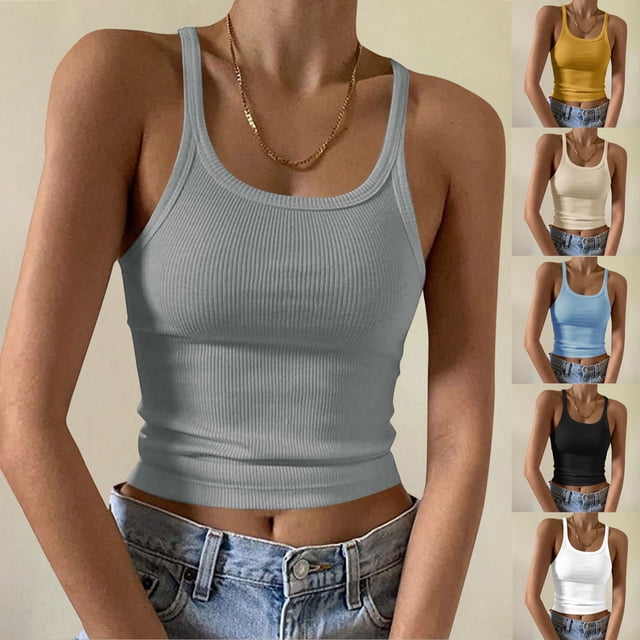 Womens Knit Basic Scoop Neck Camisole Tank Tops Cami Tank Summer Ribbed Sleeveless Tops Light Blue