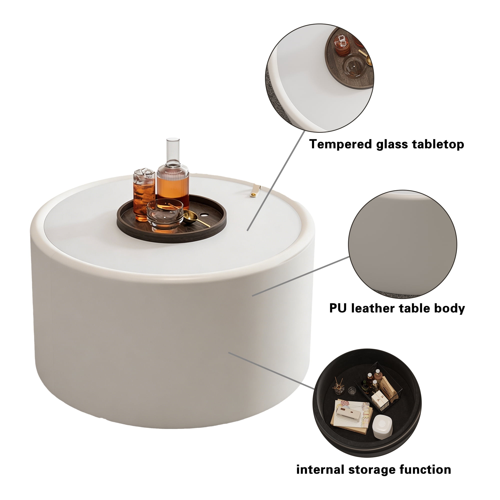 Leumius White Round Coffee Table with Tempered Glass Top, PU Leather Body & Hidden Storage, Modern Accent Table for Living Room White 1
