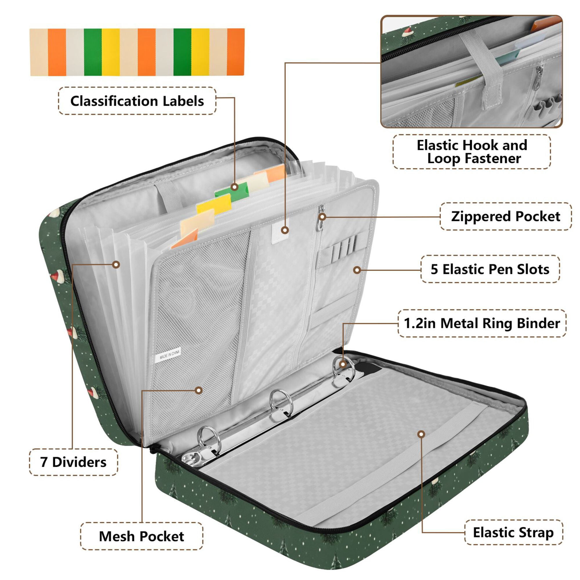 FORMRS Accordion File Folder A4 Size 7-Pocket Expanding Document Organizer Bag with 3 Ring Binder, Christmas Forest