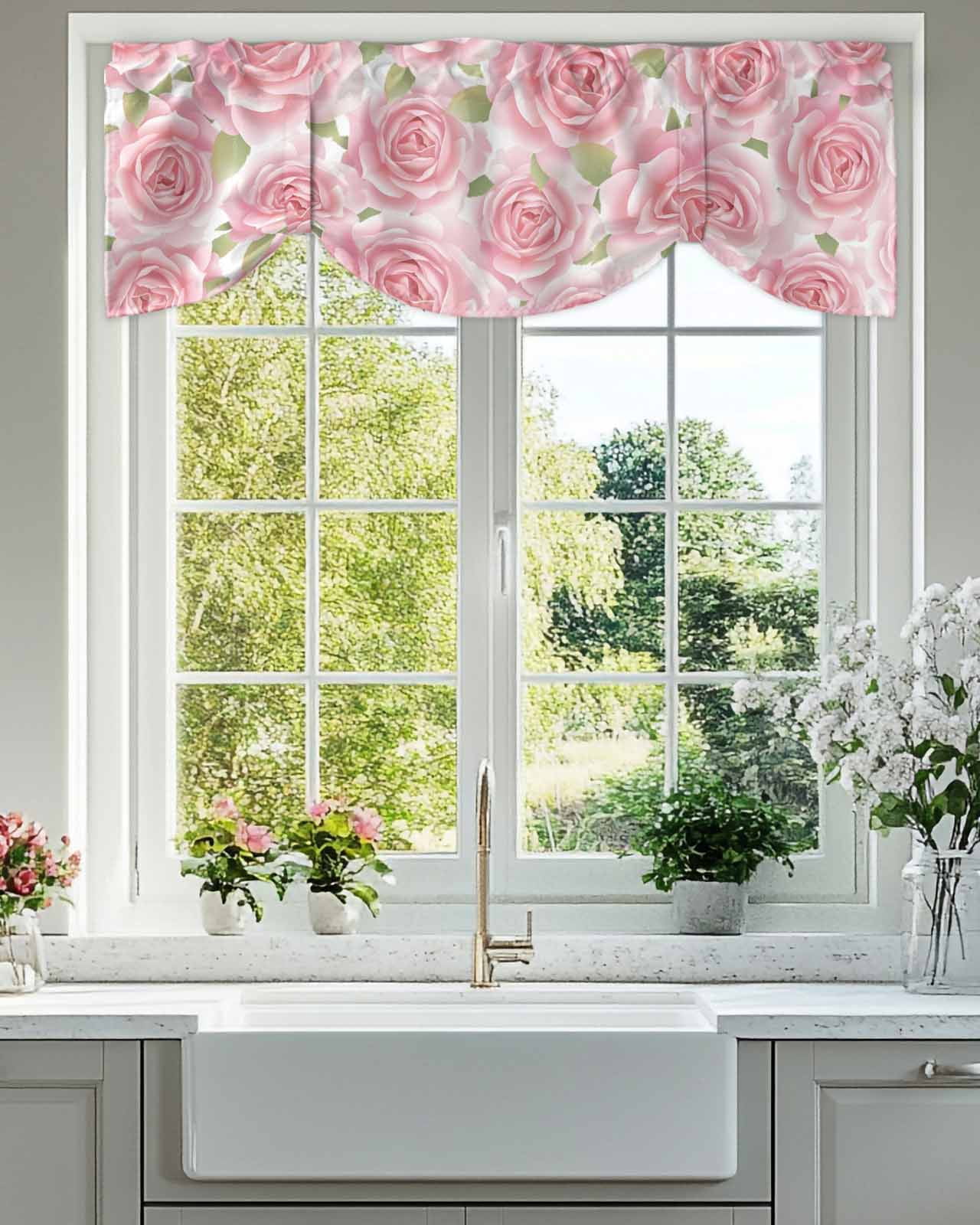 Pink Rose Floral Tie Up Valances Curtain, Adjustable Kitchen Flowers Leaves Pastoral Plant Classic Valances for Windows Decor, Rod Pocket Short Curtains Set for Bedroom/Bathroom, 54"x18"