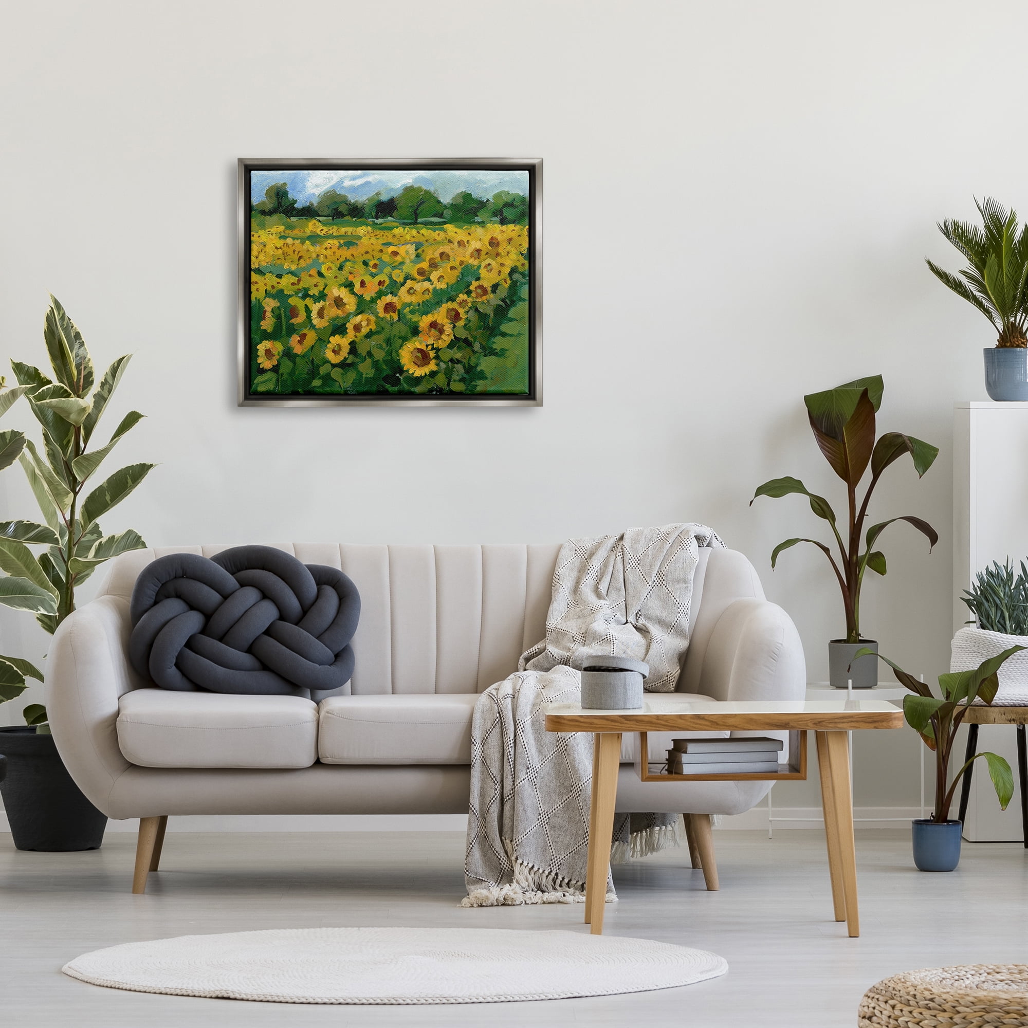 Stupell Industries Sunflower Farm Painting Botanical & Floral Painting Gray Floater Framed Canvas Art Print Wall Art, 31 x 25