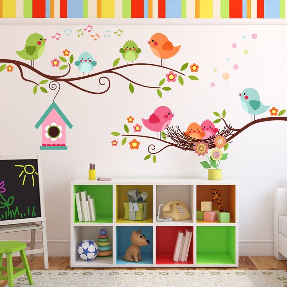 Singing Birds Wall Stickers, Colorful Cute Cartoon Lovely Birds Stickers for Kid Removable Peel and Stick Wall Decal DIY Decor for Nursery Baby Girls Bedroom Playroom Living Room