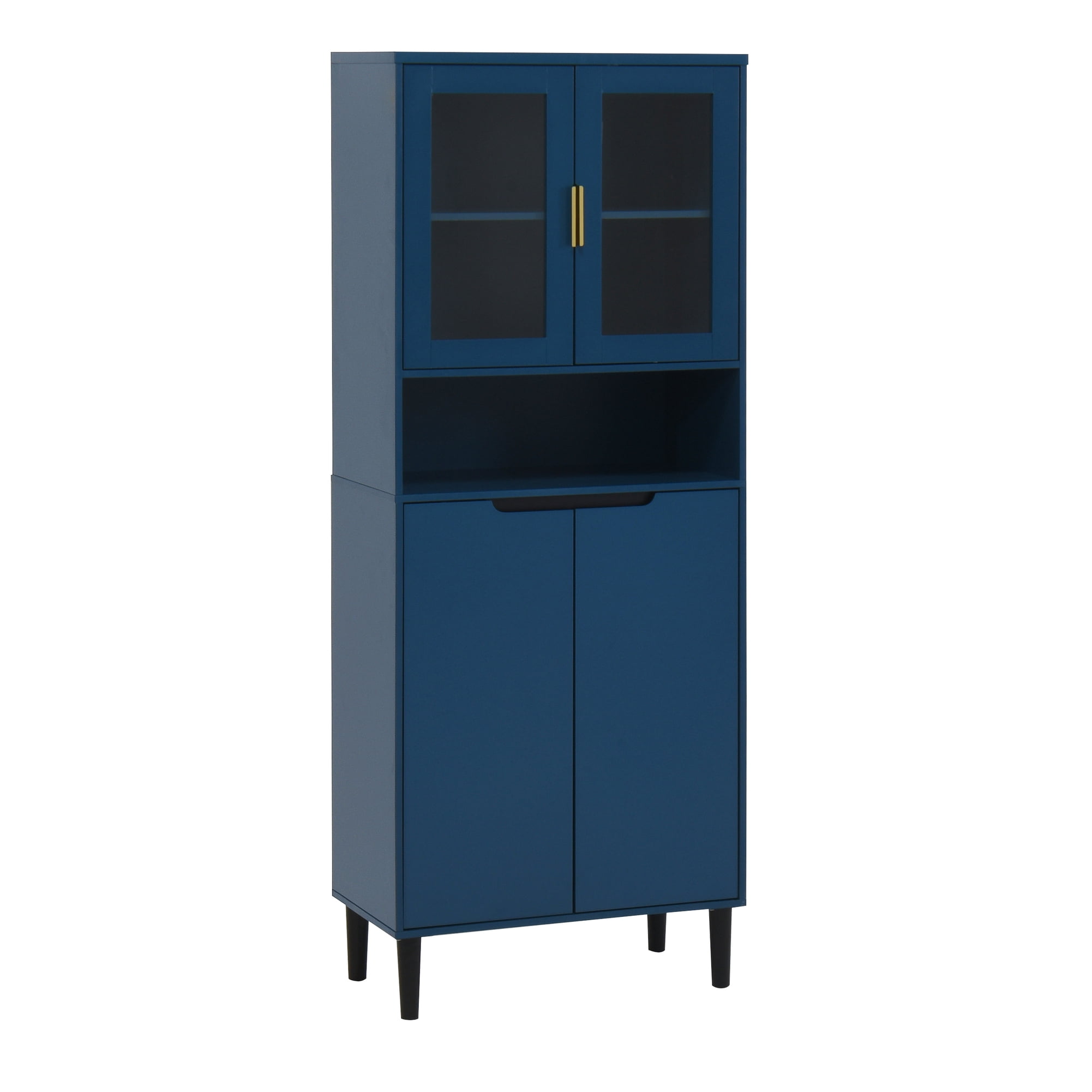 Noble House Tall Storage Bookcase Cabinet with Tempered Glass Doors and Adjustable Shelf, Navy Blue