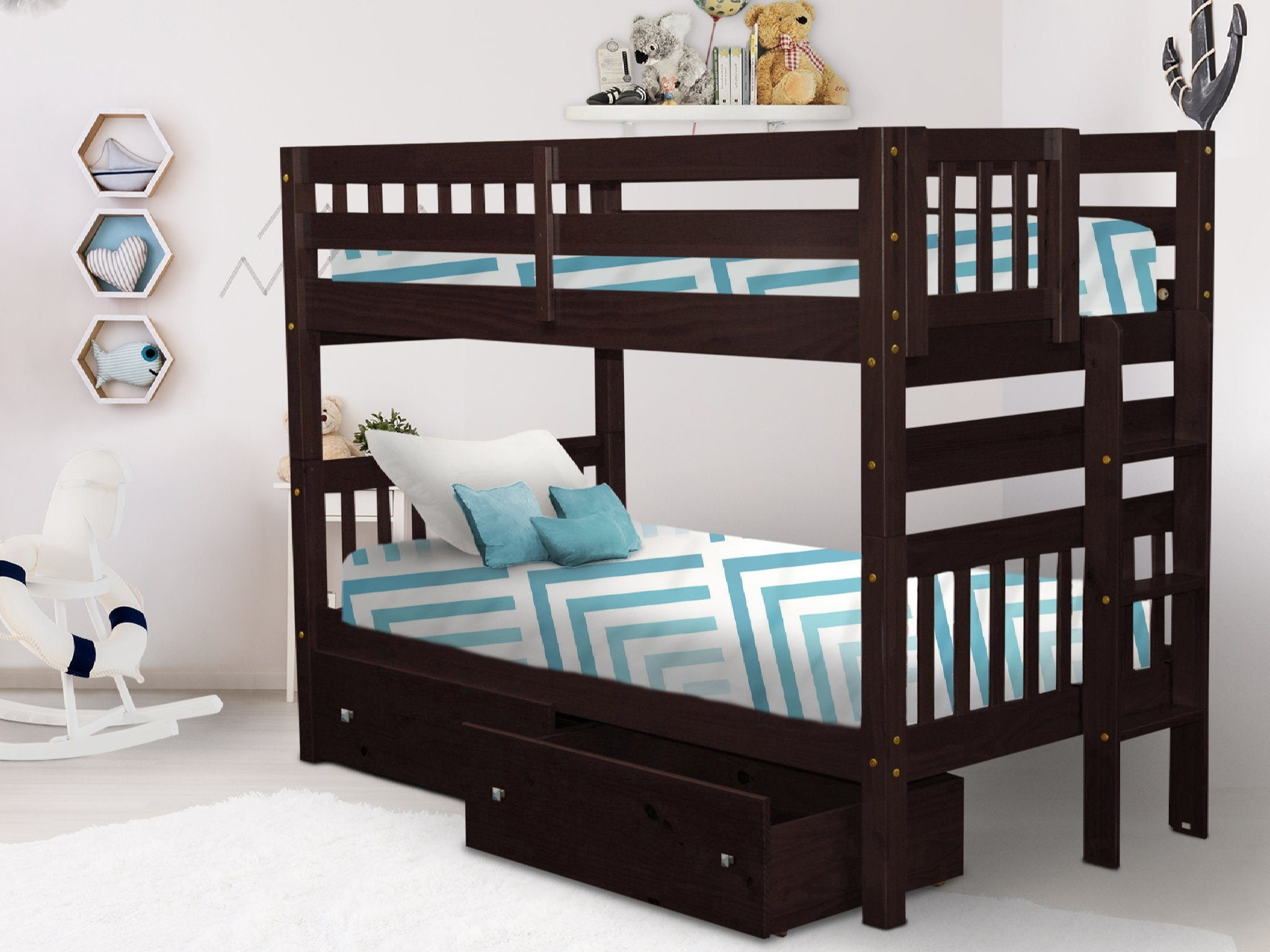 Bedz King Bunk Bed Twin over Twin with End Ladder and 2 Under Bed