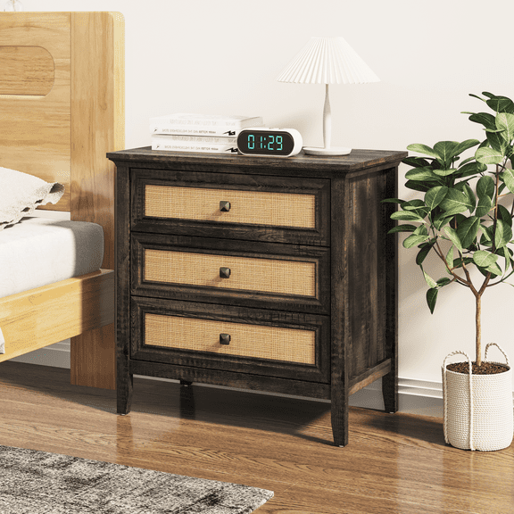 Dark Rustic Oak Rattan 3 Drawer Dresser, Farmhouse Wooden Chest of Drawers, Storage Cabinet Nightstand for Bedroom Hallway Living Room