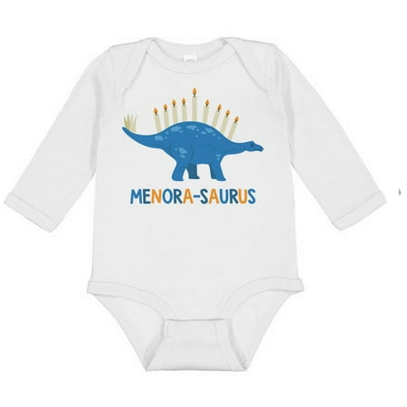 

TeesAndTankYou Menora-saurus Hanukkah Long Sleeve Baby Onesie Infant One Piece Bodysuit 18 Months White