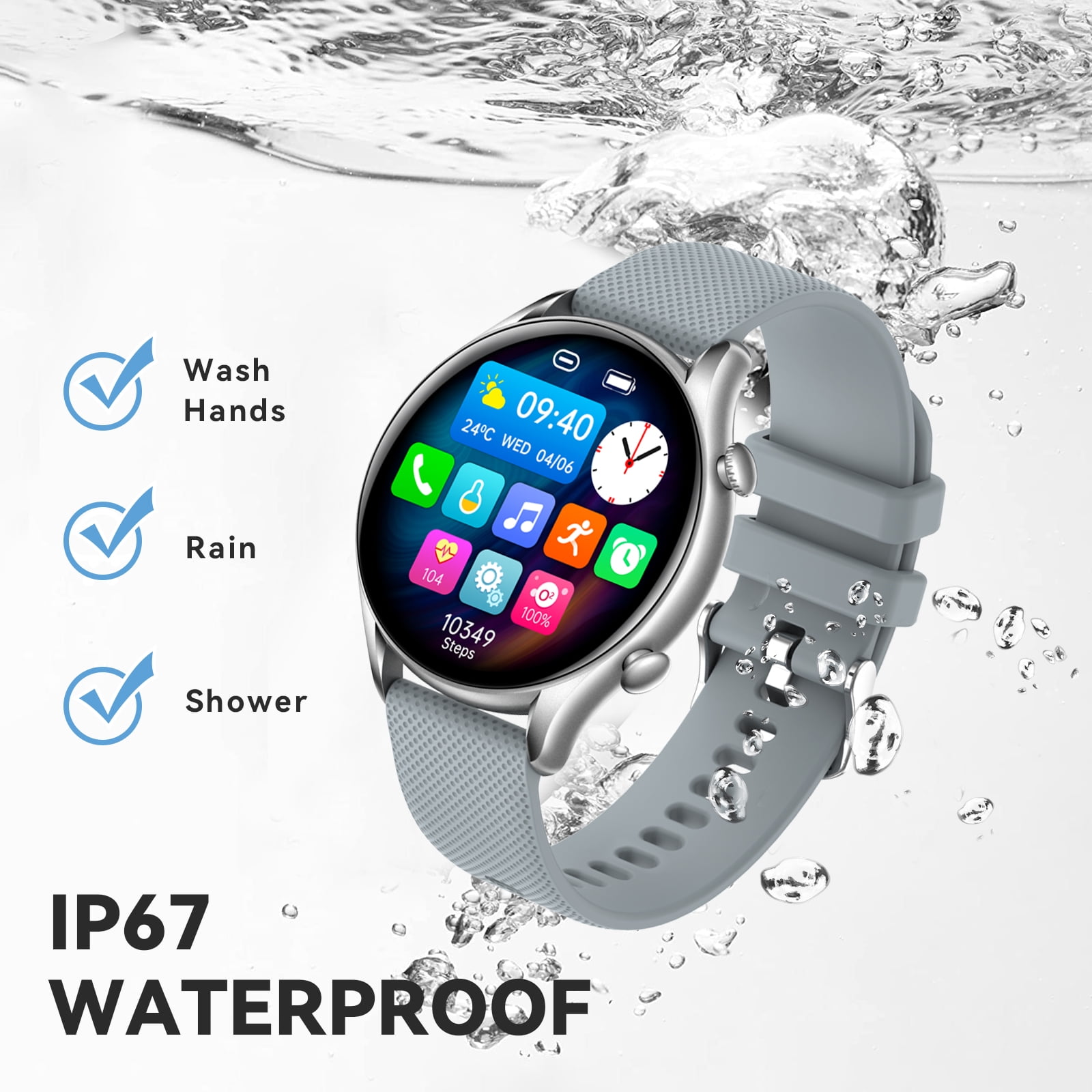 XAXRE KT60 1.32'' HD Touch Screen IP67 Waterproof Smart Watch for Men Women with Bluetooth Calls Step Counter Sport Watch with Activity Fitness Trackers for iOS Android, 1pc, Gray