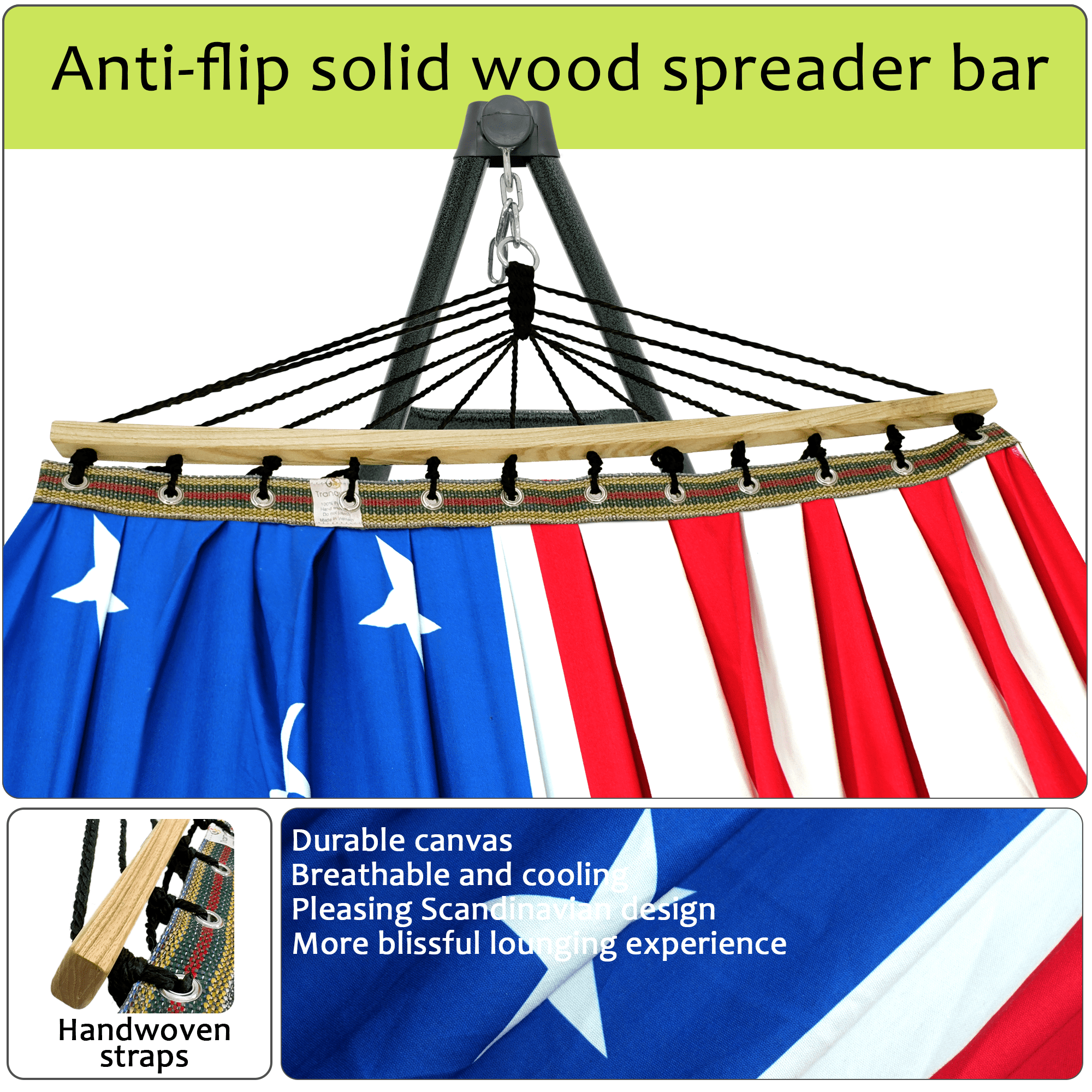 Tranquillo Universal Hammock with Stands Electro Static Coated Steel, Adjustable Foldable Hammock Stand with 2 Layered Polyester Net and Carry Bag for 2 Persons, American Flag