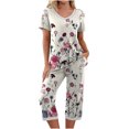 thumbnail image 2 of Lounge Outfits Sets For Women 2 Piece Printing V-Neck Short Sleeve Shirt And Pants Sets Loungewear Pajamas Capris With Pockets Up to 65% off, 2 of 7