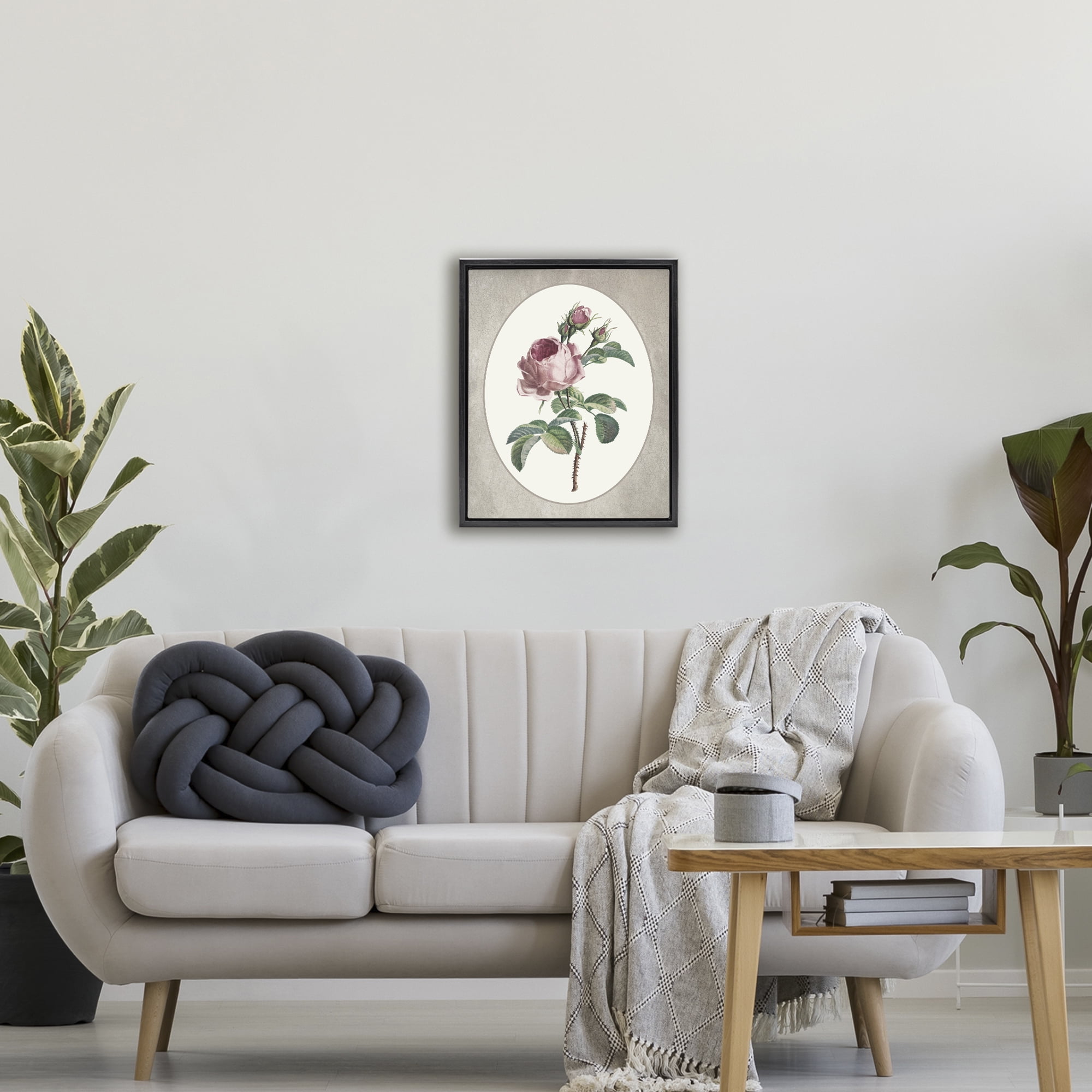 Vintage Rose within Oval Black Framed Floater Canvas Wall Art, design by Lettered and Lined