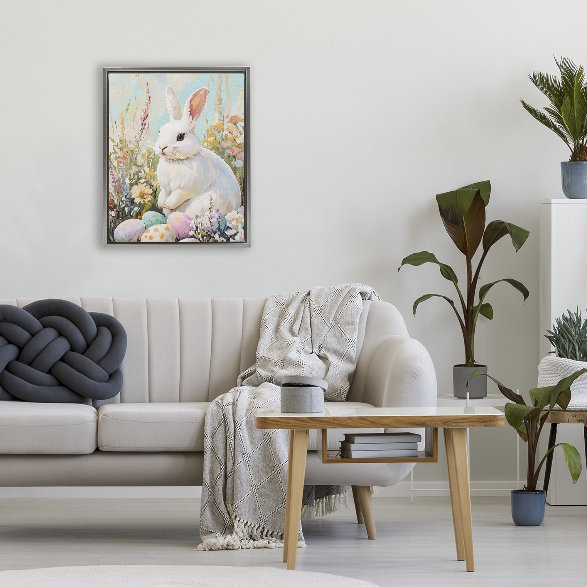 Stupell Industries White Easter Bunny in Wildflowers Gray Framed Floater Canvas Wall Art, design by The Prints Vibe