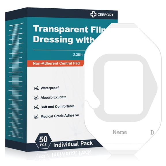 Ceeport Transparent Film Dressing with Pad 50 Pack, 2.36"x2.75" Waterproof Bandages Adhesive Patches. Wound Cover Patches for Post Surgical, lV Shield, Tattoo Aftercare Bandage
