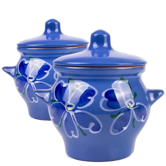 Borisovskaya Keramika Clay Baking Pot with Lid Set of 2 pcs 22 fl oz (650 ml) Ramekin with Lid Handmade Oven Cooking Pots Natural Red Clay Pot Clay Cookware Stoneware Bean Pots, Blue