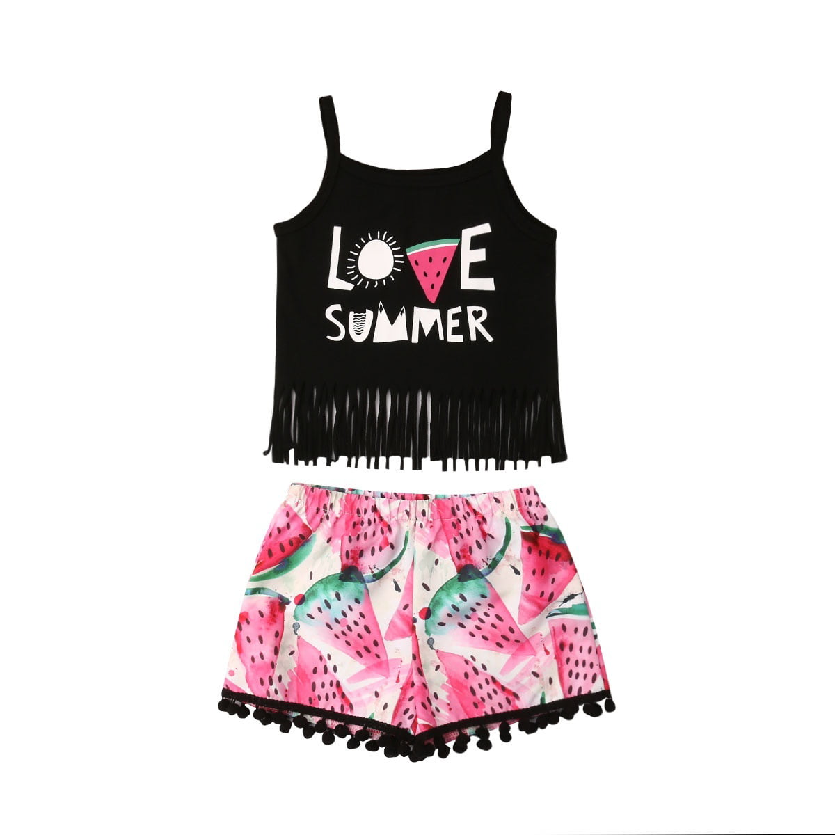 Kids Baby Girl Summer Outfits Short Sleeve Letter T-Shirt Tops Watermelon Tassel Shorts Two Pieces Set Outfit