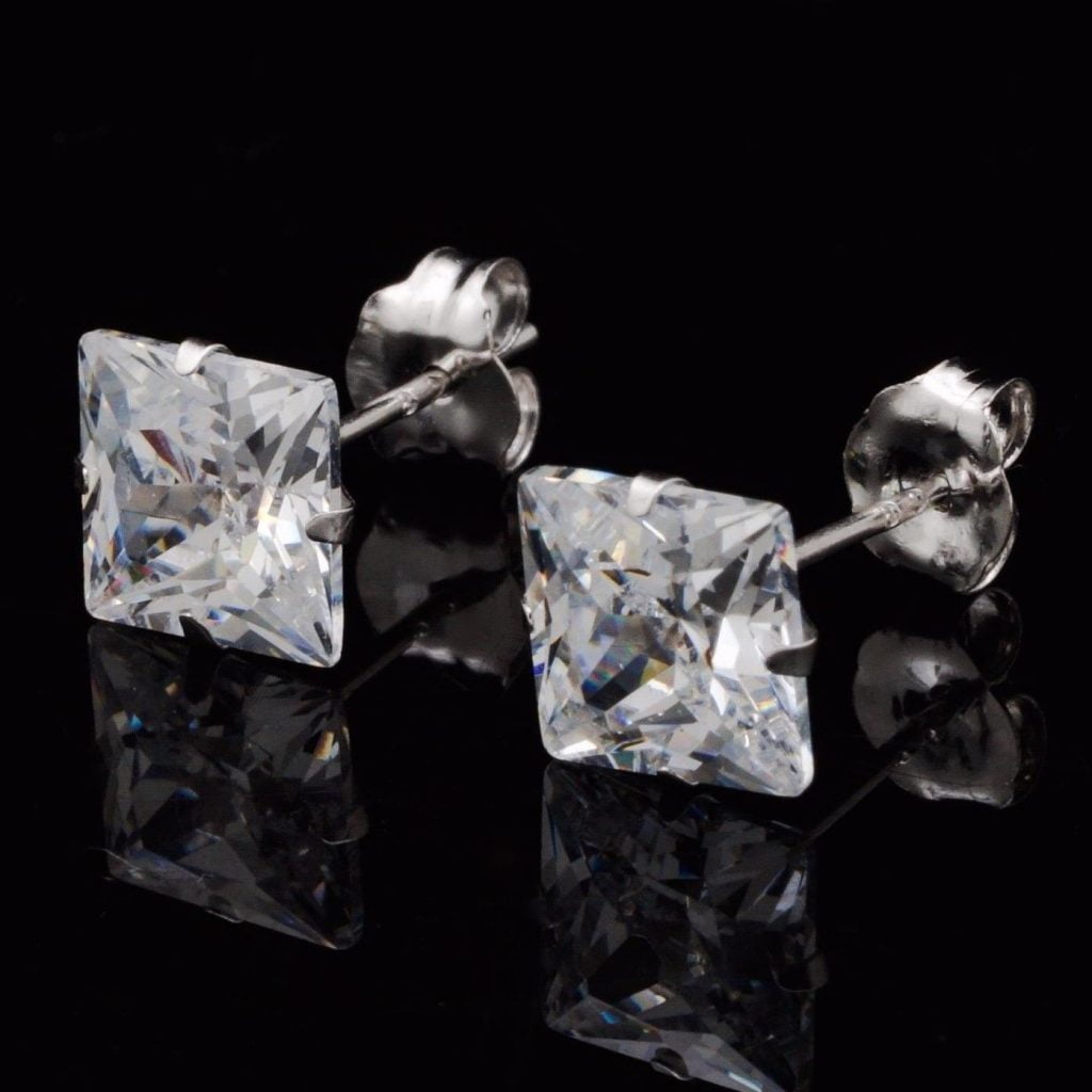 1Ct Created Diamond 14K Solid Gold Princess Cut Push Back Stud Earrings ...