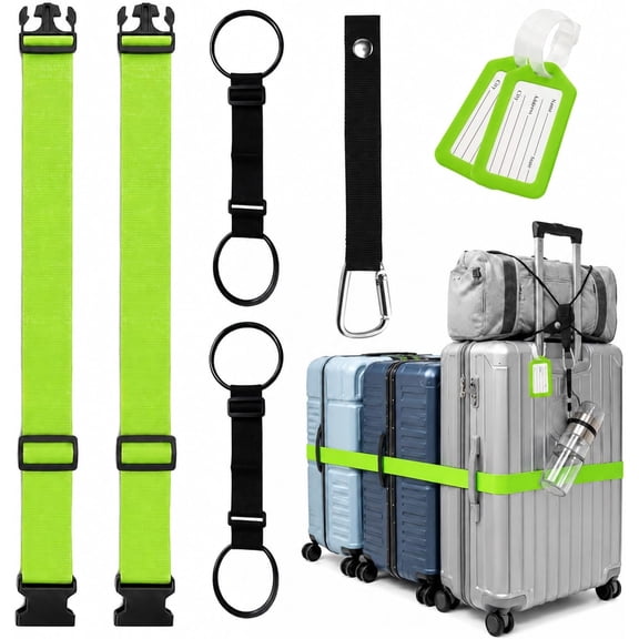 6 count Adjustable Luggage Connector Straps for Suitcases (Green Black) | Includes Luggage Straps TSA Approved, Elastic Straps, Tag, with Mesh Pouch and Portable Hook. Secure Your Suitcases and Bags.