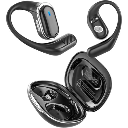 Open Ear Bluetooth Earbuds Wireless Headphones, 50Hrs Playtime Stereo Sound Earphones with IPX7 Waterproof Ear Buds, Ideal for Fitness, Travel - Black