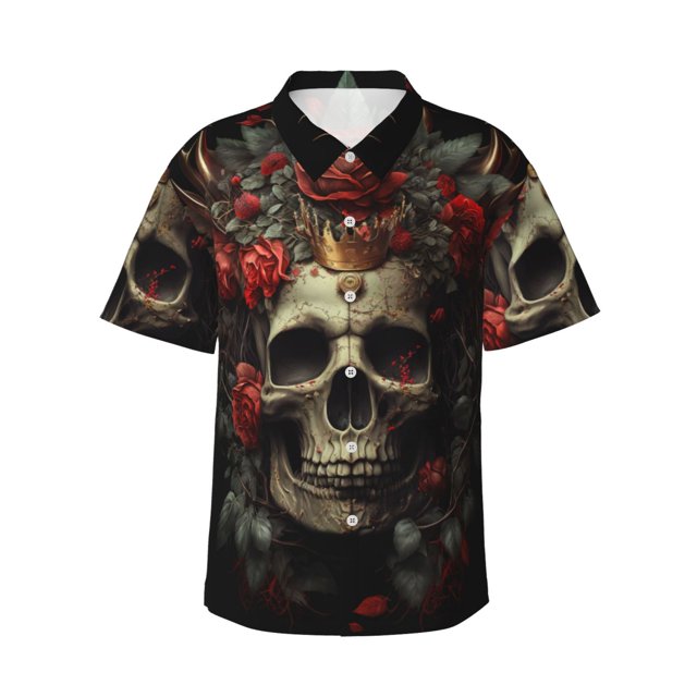 Balery Classical Rose Crown Skull Camisas hawaianas de manga corta para hombre, camisas playeras de corte holgado, camisas de vacaciones con botones,XX-Large