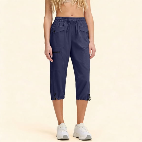 Capri Pants for Women with Pockets 18” Cropped Yoga Trousers V Cross Waistband Workout Straight Leg Leggings Summer Navy XXL