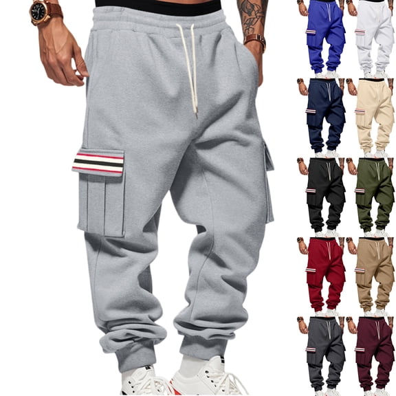 Men's Fleece-Lined Multi-Pocket Utility Cargo Pants - Wide-Leg Cuffed Design with Contrast Stripes for Winter Casual & Hiking Trousers,Red,M