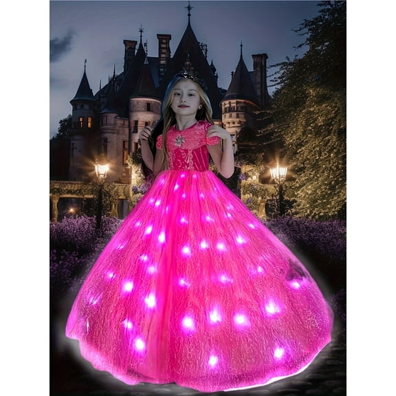 LED Light-Up Pink Princess Tutu Dress for Girls - Sleeveless Party Gown with Star Sequins, Perfect for Halloween, Christmas, and Special Occasions, Party Dress, Best for Christmas