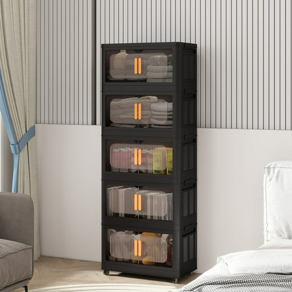 Noble House 24" Folding Storage Cabinet, 5-Tier Plastic Organizer, Collapsible Bins with Magnetic Doors & Wheels, Black