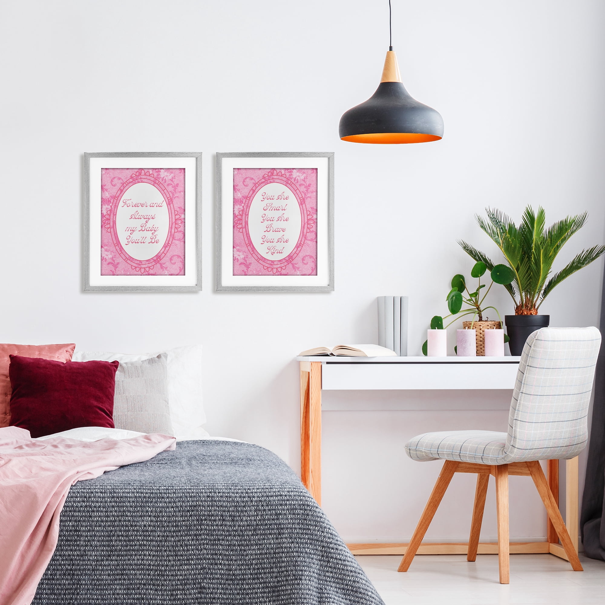 Stupell Industries Loving Pink Ornate Phrases 2 Piece Gray Framed Print Under Glass Set, design by Lil' Rue