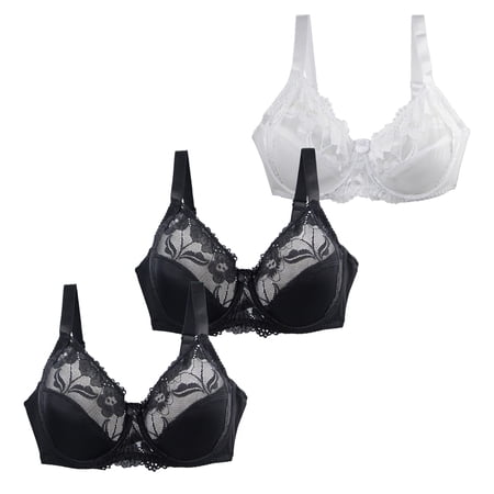 Gkeoshab Bras for Women 3PC Women s Plus Size DEF Cup Lace Mesh Bras Breathable Full Coverage Bra S 80D