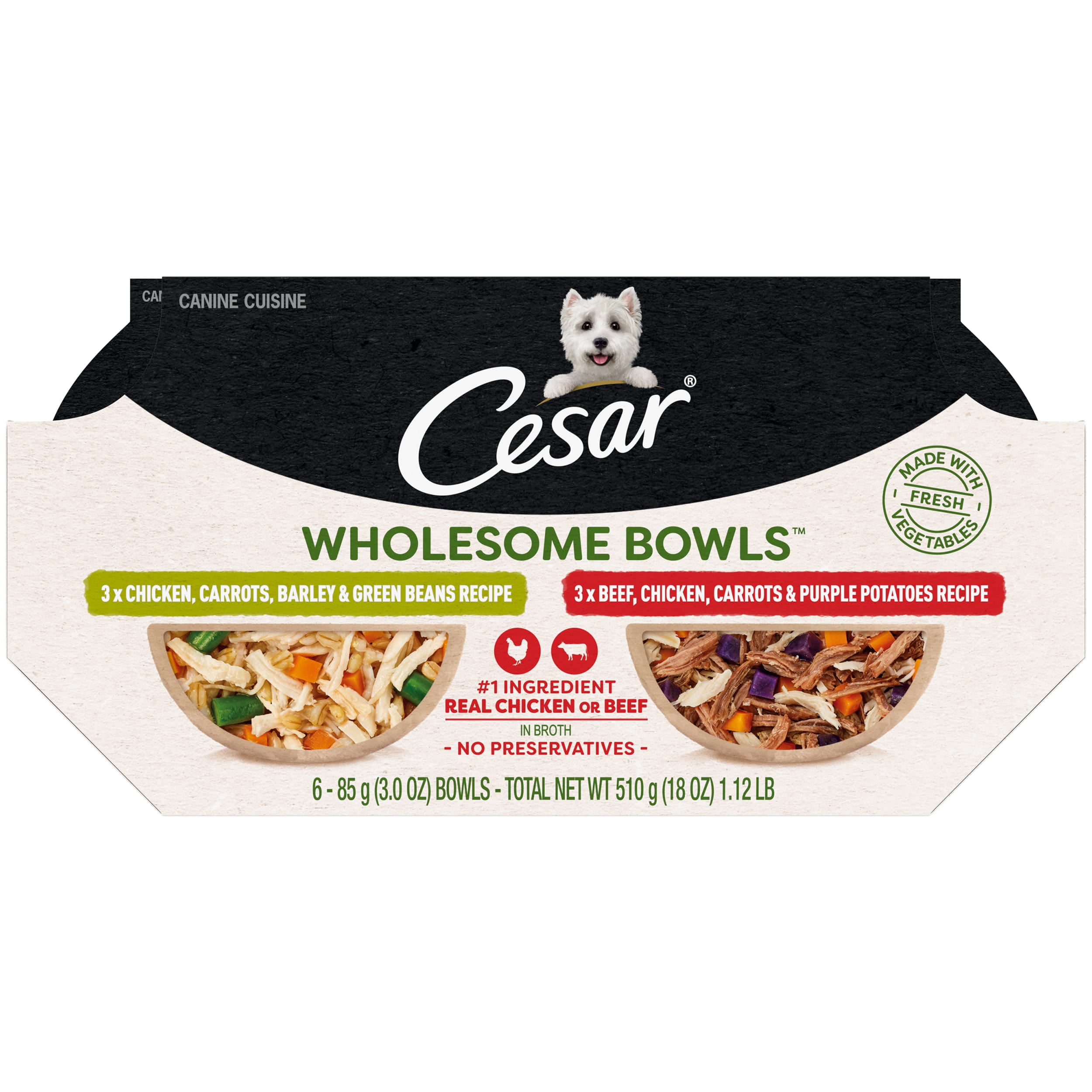 Cesar Beef & Chicken Flavor Wet Dog Food for Adult, Whole Grain, 3 oz. Cups (6 Count)