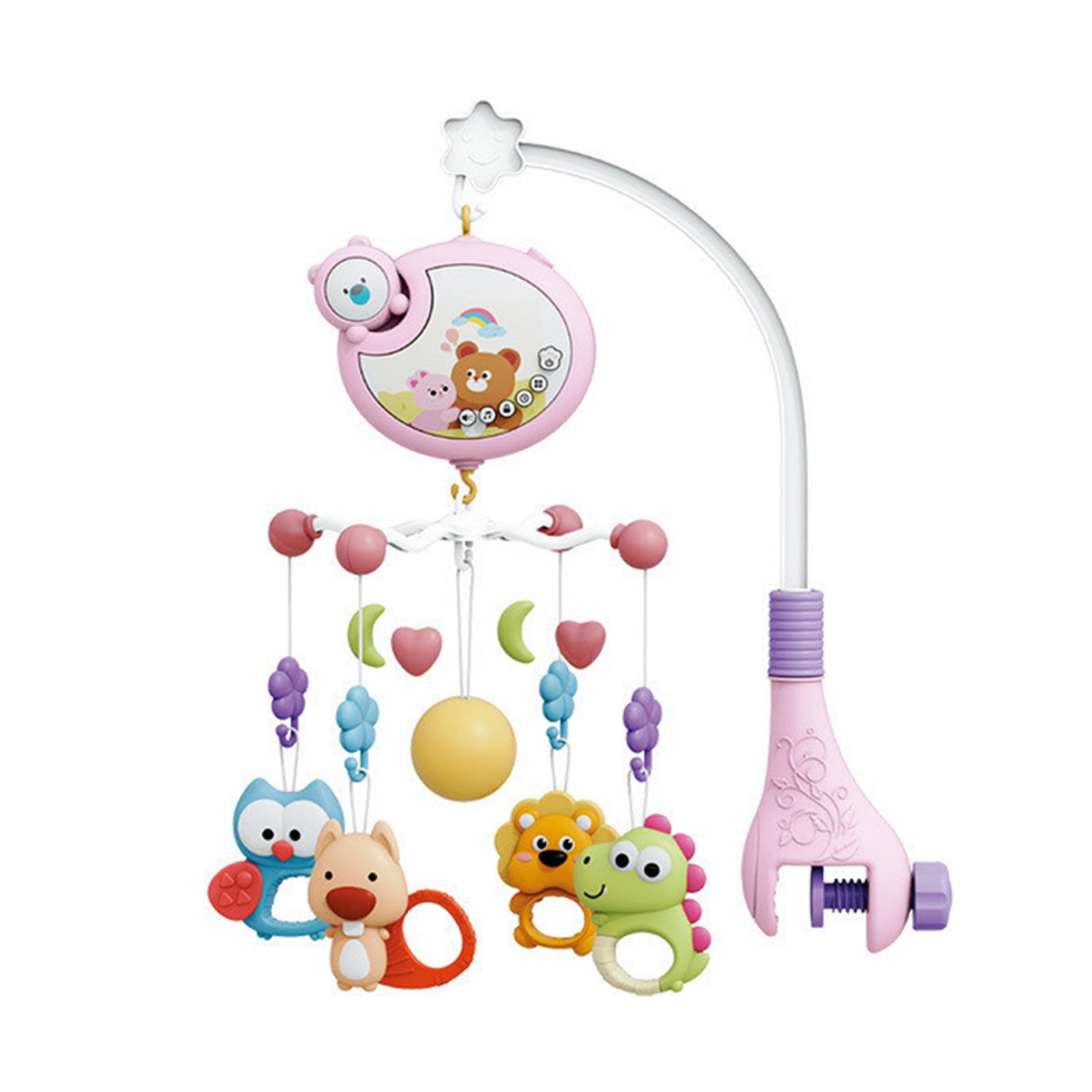 Qocolhg Crib Mobile with Music and Lights, Baby Mobiles for Cribs, Nursery Musical Mobile for Bassinets Toys Hanging Girls Boys, Pack and Play Space Portable Animal Mobile Hanger Arm