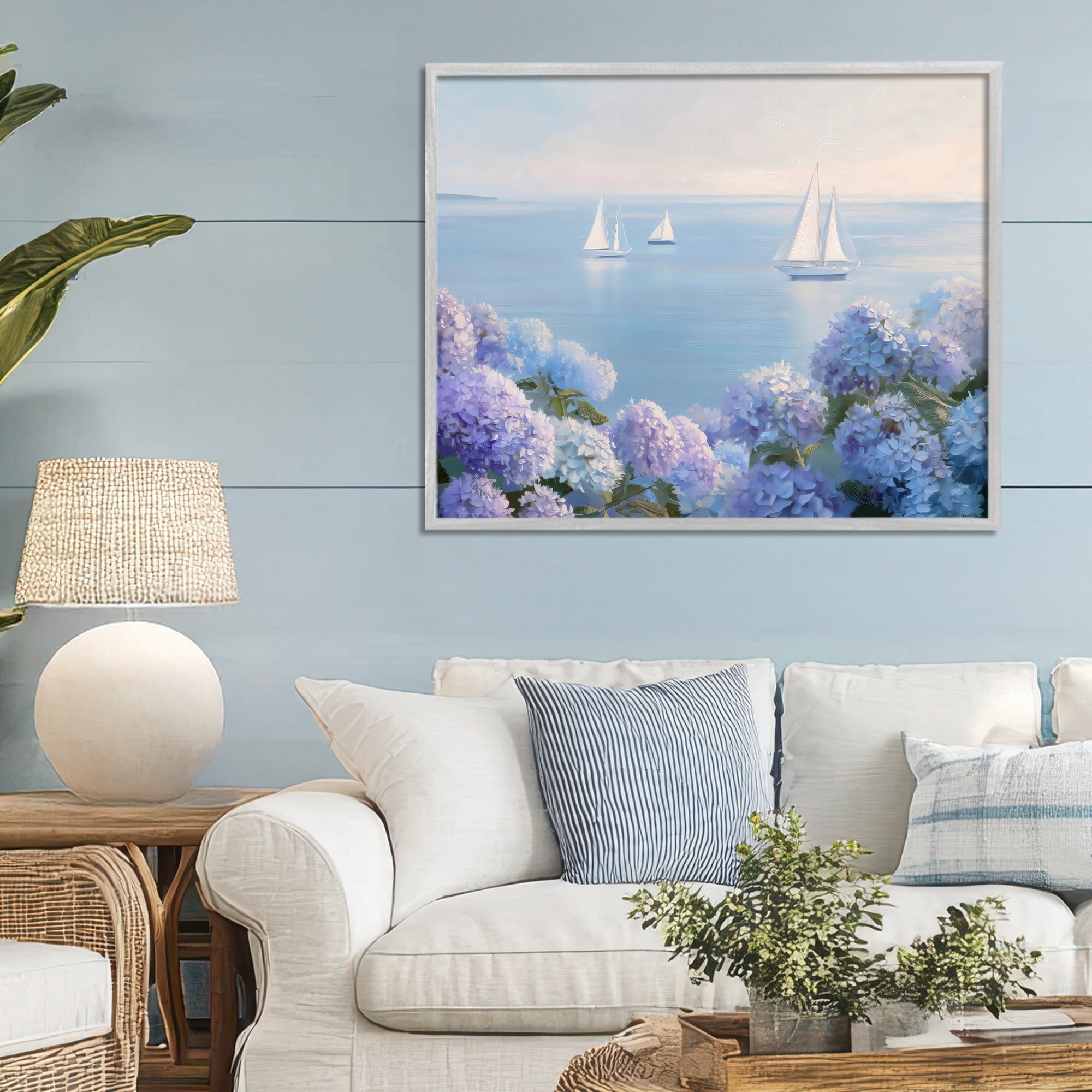 Stupell Industries Sailboats & Hydrangeas at Sea Gray Framed Giclee Art, design by LSR Design Studio