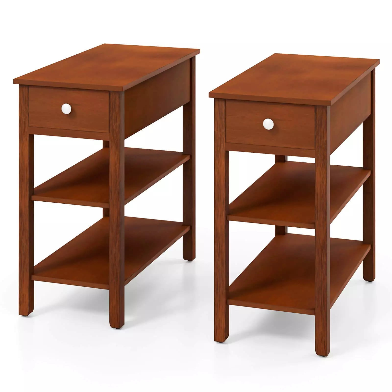 Auranook Set of 2 Narrow End Tables w/Drawer Shelves & Rubber Wood Legs Sofa Side Table