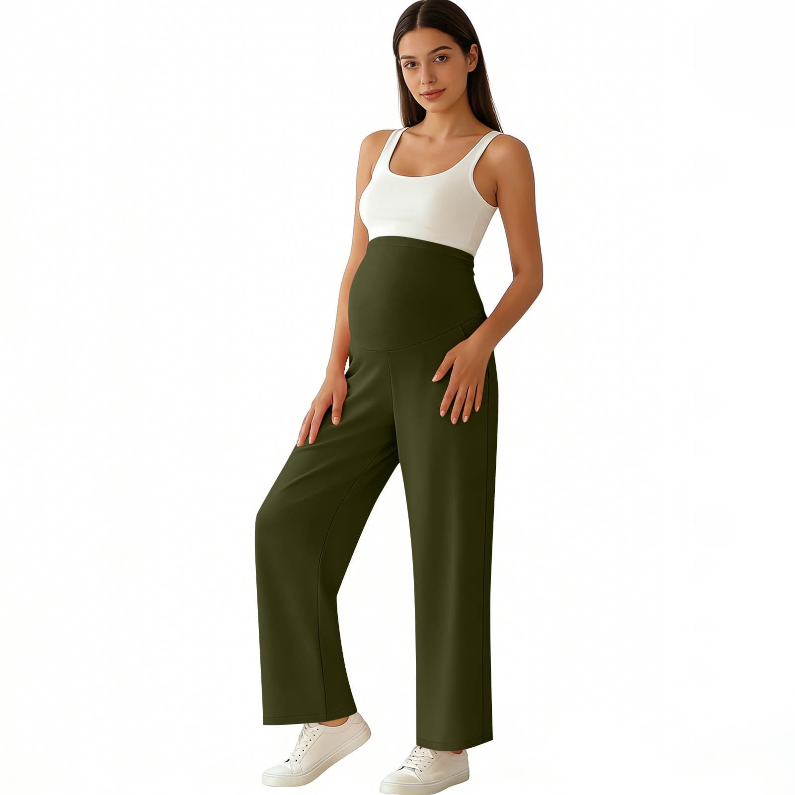 Women's Maternity Yoga Dress Pants Over the Belly Stretchy Lounge Work Pregnancy Straight Leg Trousers with Pockets