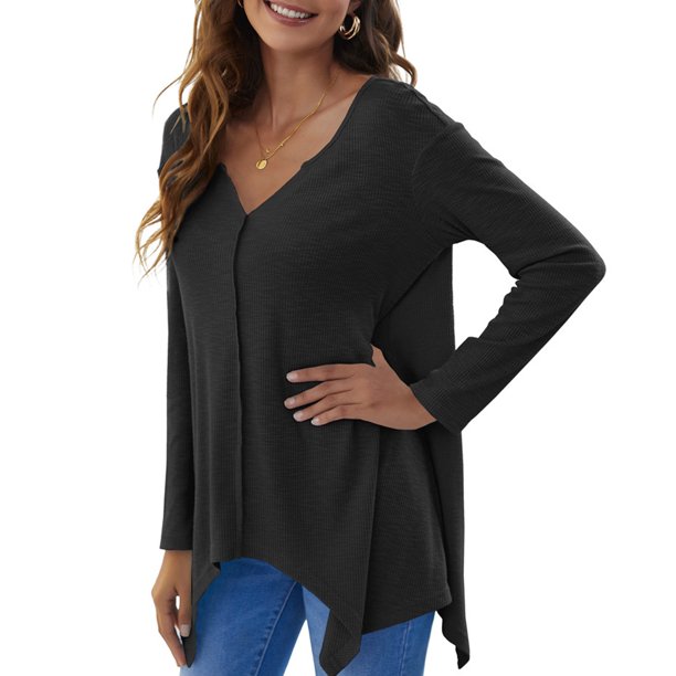 Camiseta suelta para mujer, manga larga, cuello en V, dobladillo irregular, camisas, jerseys Abanopi Gris/Extragrande
