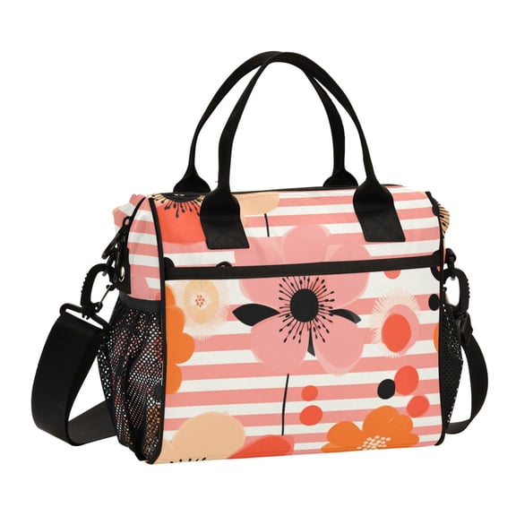 Poppy Flowers and Stripes Lunch Bag Insulated Lunch Box Leakproof Reusable Cooler Tote Adjustable Shoulder Strap for Men Women 9L