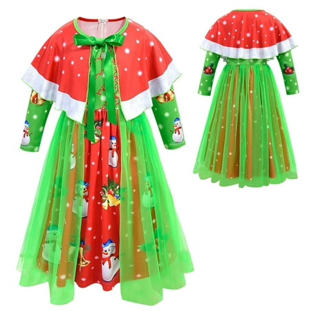 

CieKen Toddler Kids Girls Cute Christmas Cartoon Prints Party Princess Dresss Shawl Outfits Clearance Toys