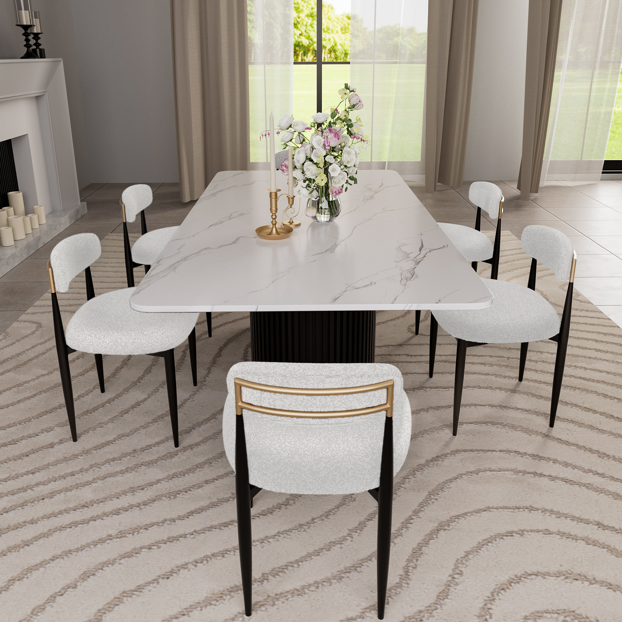 Morden Fort Boucle White Dining Chairs Set of 6, Mid-Century Boucle Chairs for Kitchen, Reception, Living Room, Apartment