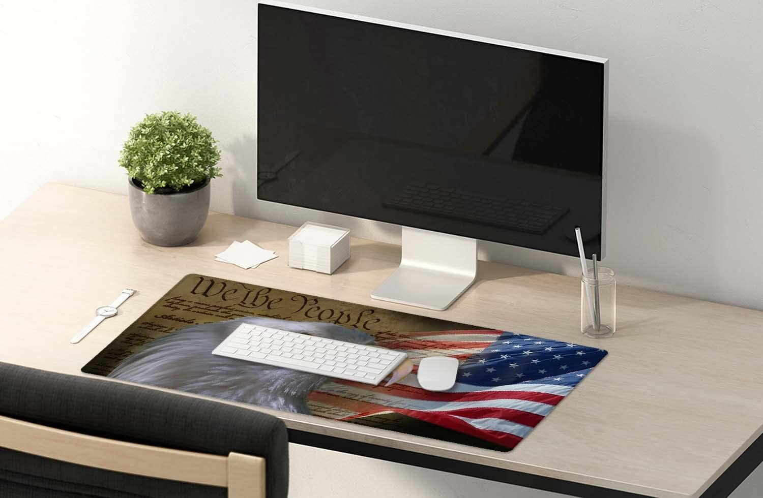 Bald Eagle on American Flag Mouse Pad 35.4 x 15.7 Inch XXL Full Desk Mousepad Extended Large Non-Slip Rubber Base Waterproof Big Keyboard Mat with Stitched Edges for Gaming and Office