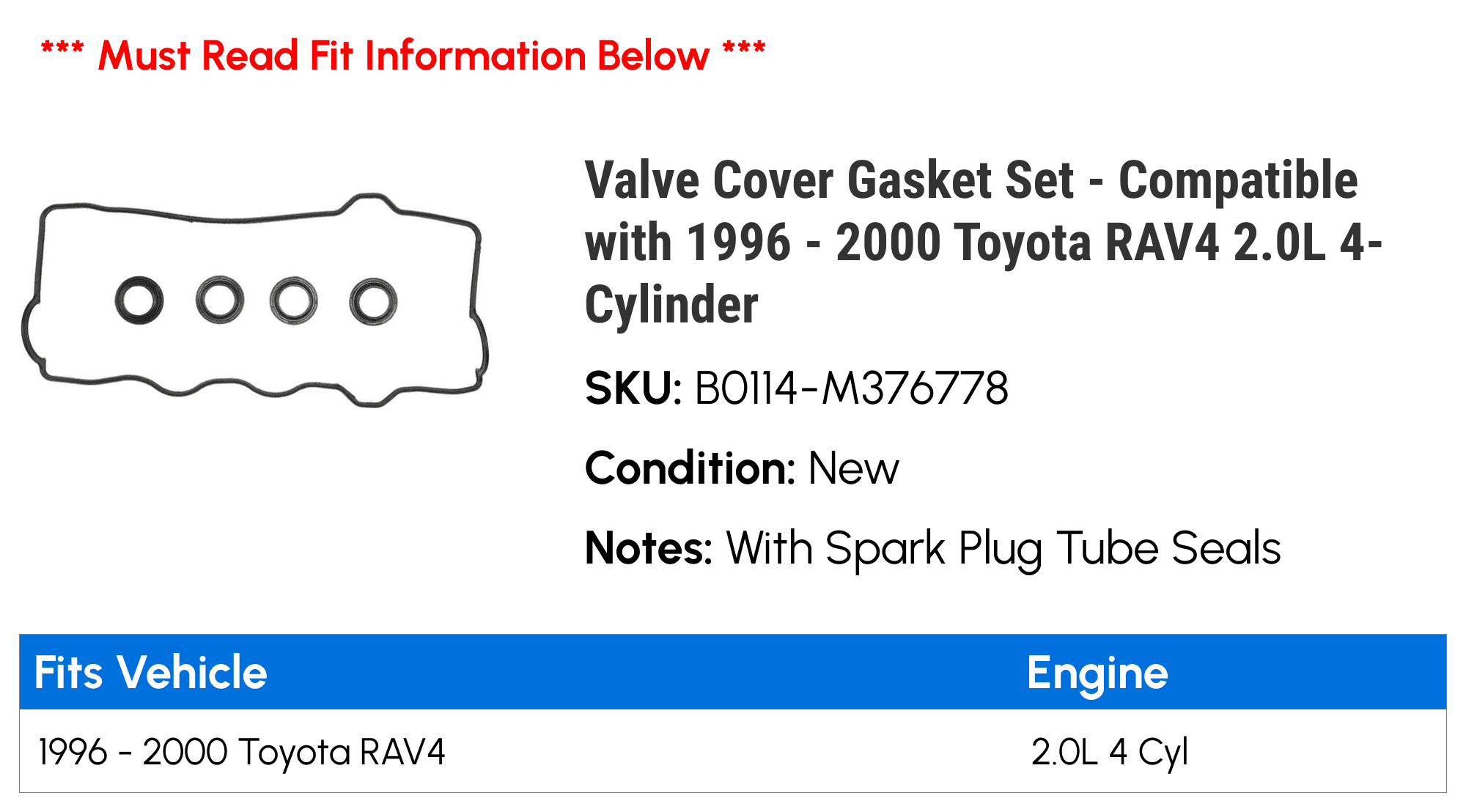 Valve Cover Gasket Set - Compatible with 1996 - 2000 Toyota RAV4 2.0L 4-Cylinder 1997 1998 1999