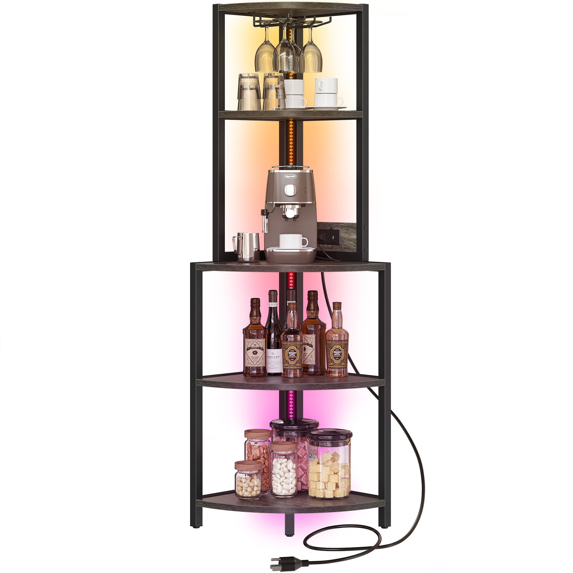 Corner Shelf with Power Outlets, LED Lights, 5-Tier Corner Bar Cabinet with Glass Holder, 62.3