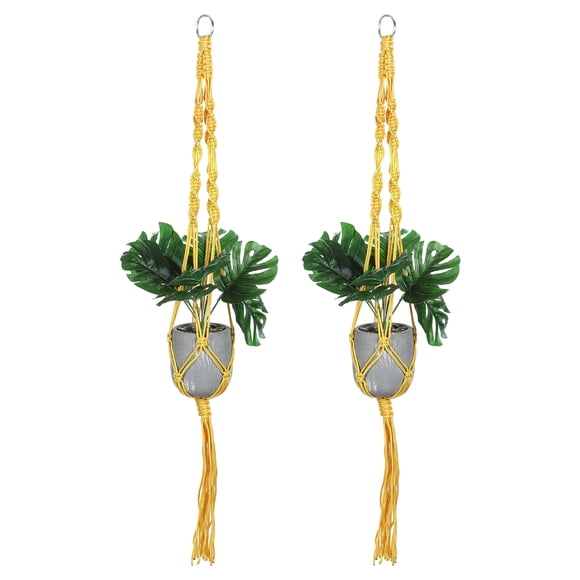 Soportes de plantas de macramé Uxcell para interiores, estante para plantas colgante con base de madera resistente para colgar en la pared, techo o ventana, paquete de 2 en amarillo