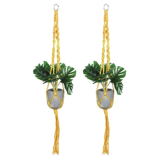 Soportes de plantas de macramé Uxcell para interiores, estante para plantas colgante con base de madera resistente para colgar en la pared, techo o ventana, paquete de 2 en amarillo
