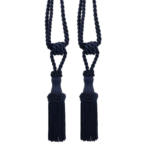 Pair Of Premium Navy Blue Decorative Chainette Tiebacks, 5" Tassel Length, 30" Spread (embrace), COLOR: Navy Blue - J3
