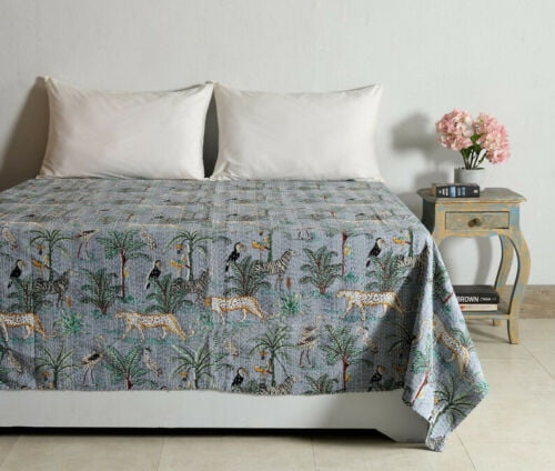 White Bird Indian Queen Kantha Quilt Bedspread Blanket Bedding Throw Handmade 