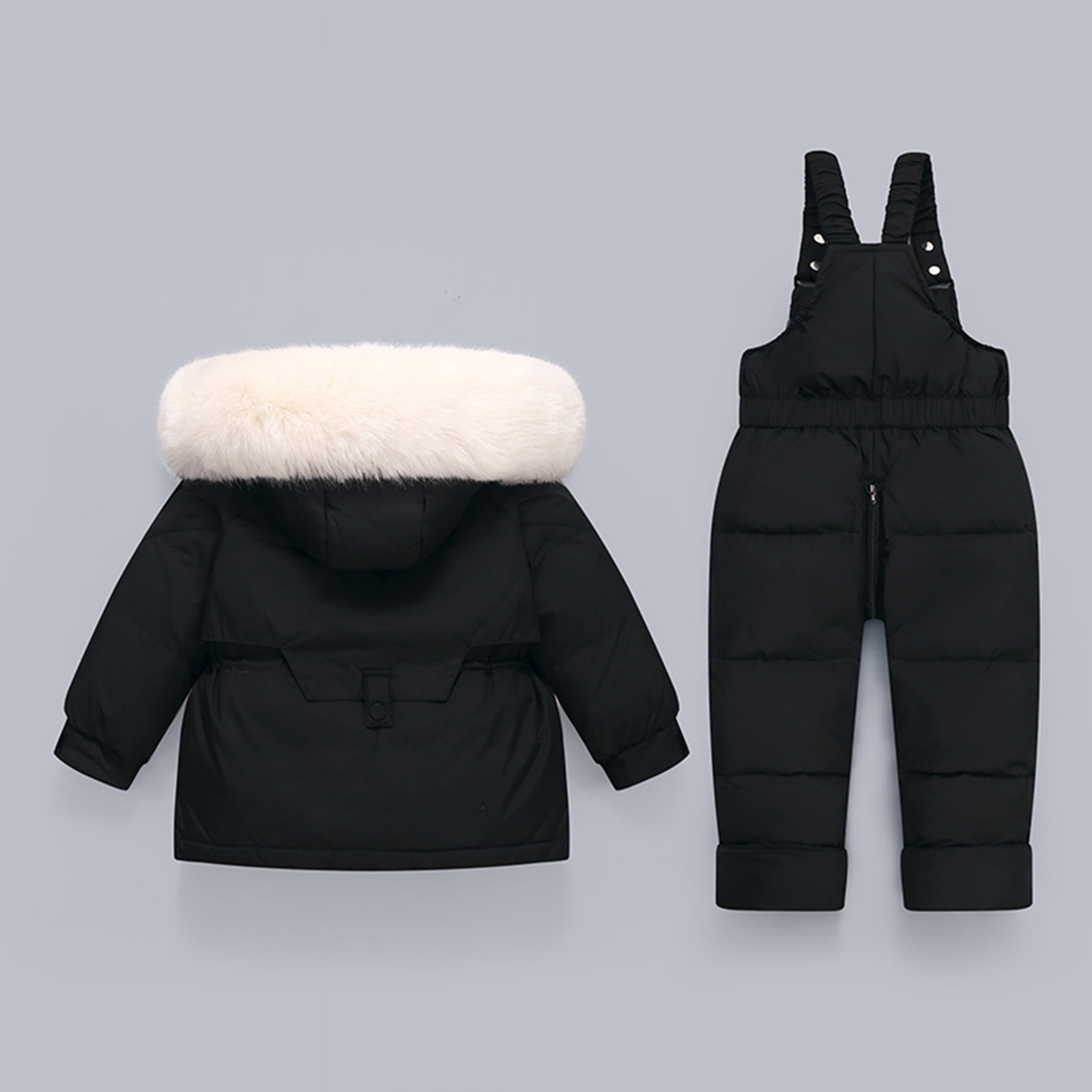 Jinhomg Unisex Baby Winter Snowsuit 2 Piece Toddler Warm Suits 2025 Trendy Windproof Faux Fur Trim Hooded Puffer Coat with Snow Bib Pants Sets Summer Saving Black 2 Years