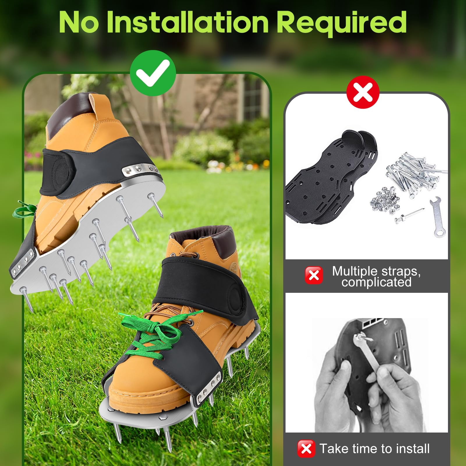 Aerator Shoes  Lawn For Grass With 3mm Metal Bottom Aeration Adaptable Straps Pre-assembled Aerating Bend-resistant Spikes Green
